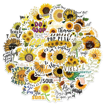 50PCS Cartoon Sunflower Motivational Quotes Doodle Stickers Exquisite Creative Decorative Decals Perfect for Water Bottles, Guitars, Skateboards, Pencil Cases, and Notebooks
