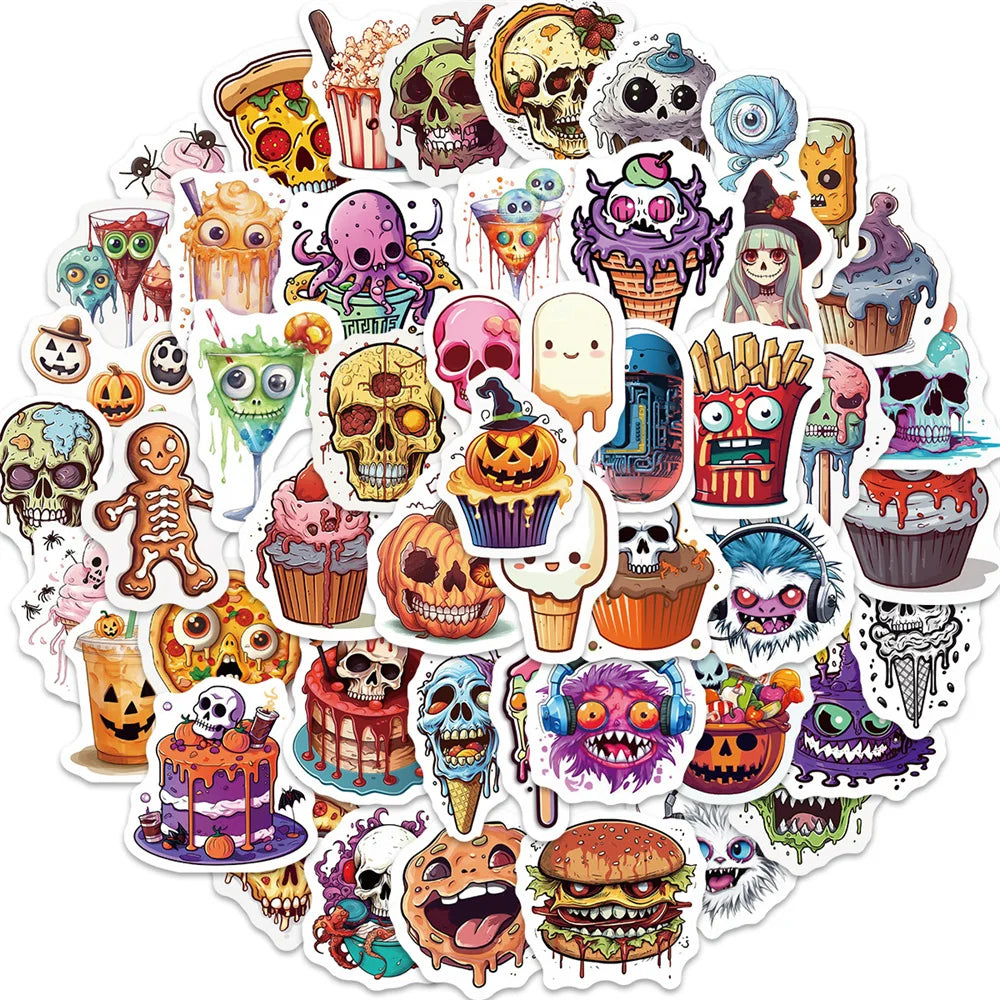 50PCS Cartoon Halloween Pumpkin Skull Spooky Doodle Stickers Exquisite Creative DIY Journal Decorative Decals Suitable for Computer Desks, Chairs, Skateboards, Pencil Cases, and Table Surfaces