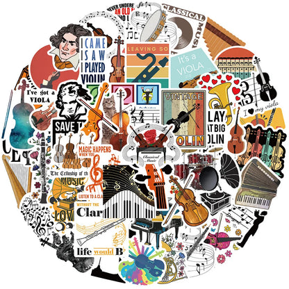 52PCS Cartoon Music Instruments Orchestra Doodle Stickers Personalized Fashion Creative DIY Exquisite Decorative Decals Toys For Luggage Laptop IPad Skateboard Popular Stickers