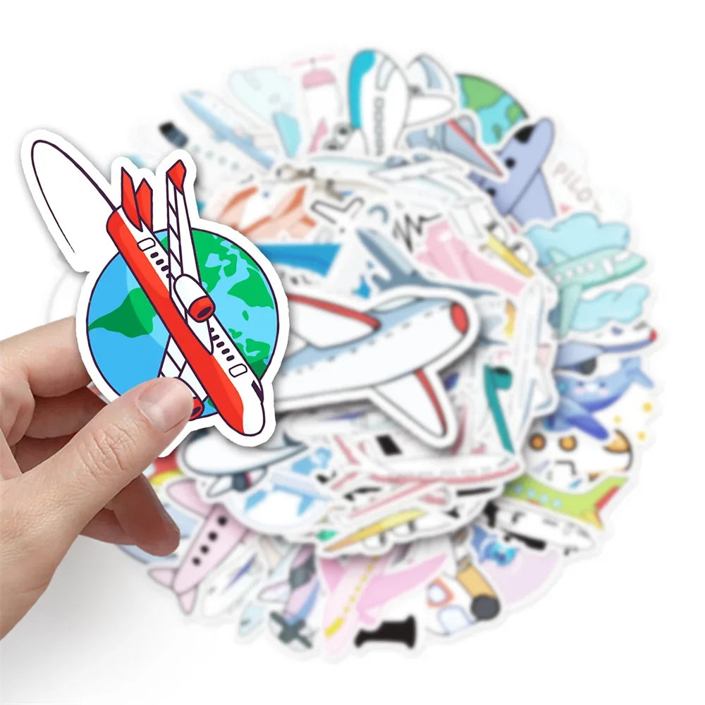 50PCS Cartoon Airplane Cute Sticker for Toys Luggage Laptop IPad DIY Guitar Skateboard Refrigerator  Waterproof