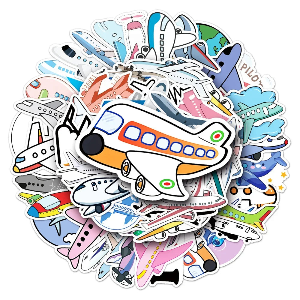 50PCS Cartoon Airplane Cute Sticker for Toys Luggage Laptop IPad DIY Guitar Skateboard Refrigerator  Waterproof