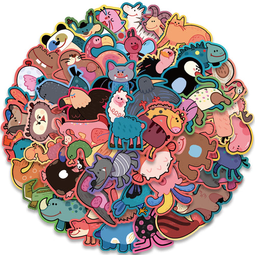 50PCS Cartoon Cute Animal Doodle Stickers Exquisite, Fashionable, Creative DIY Journal Decorations Suitable for Skateboards, Guitars, Laptops, Helmets, and Stationery Boxes