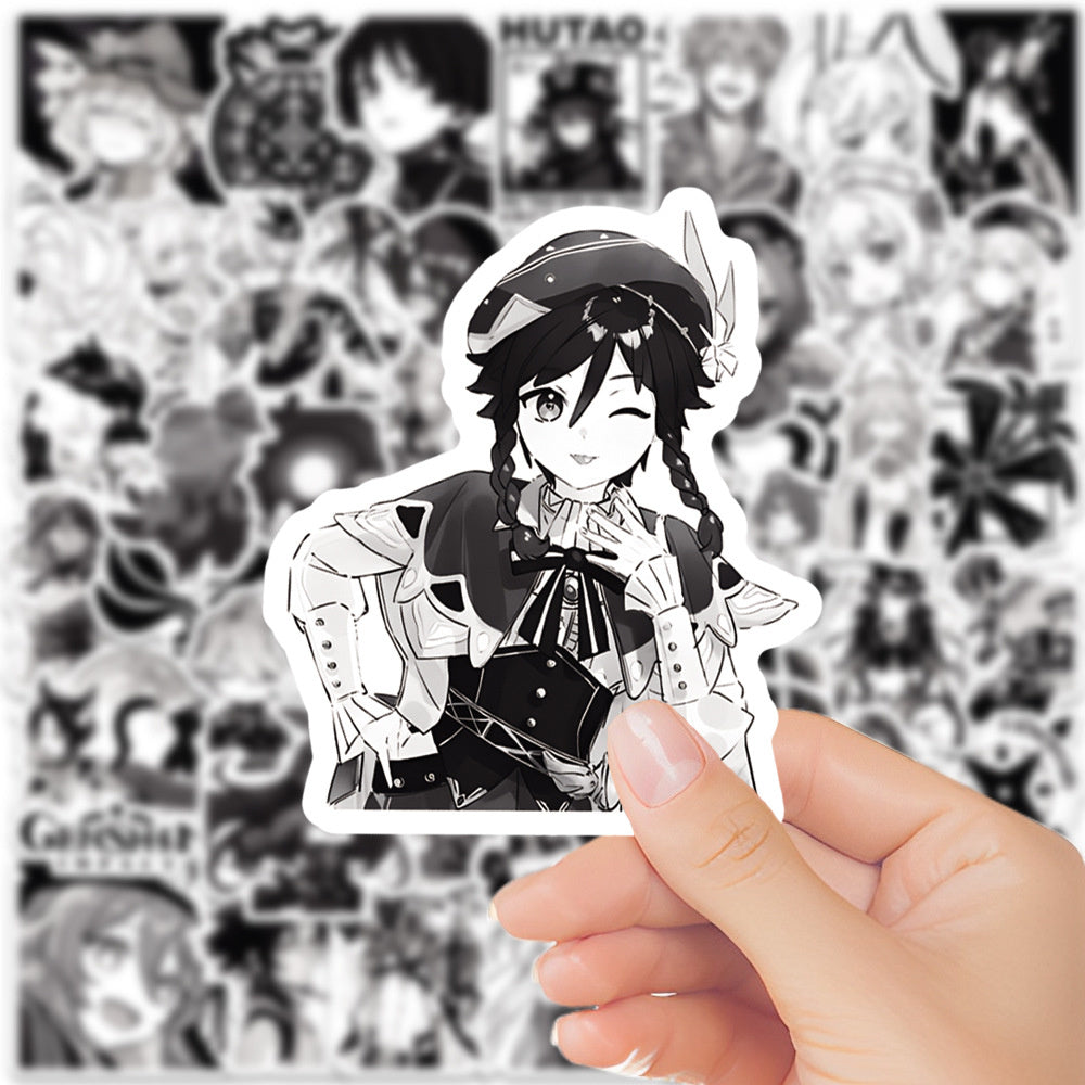 50PCS Cartoon Black & White Genshin Impact Game Doodle Stickers Anime Character Merchandise DIY Decorative Decals for Computer Desks, Guitars, Water Bottles, Skateboards, and Stationery Cases