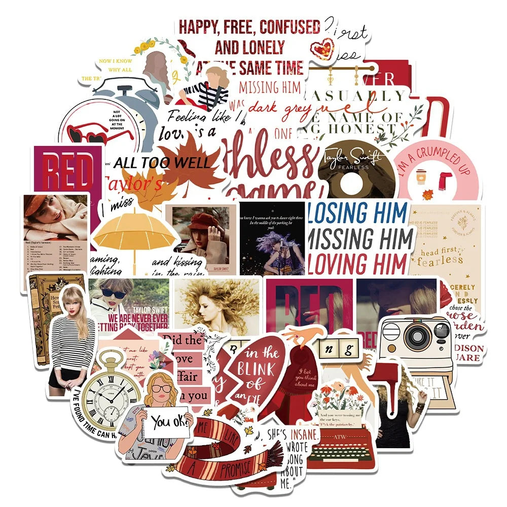 50PCS Red Fearless Taylor Cartoon Sticker for Luggage Laptop IPad Skateboard Gift Cup Journal Waterproof Sticker