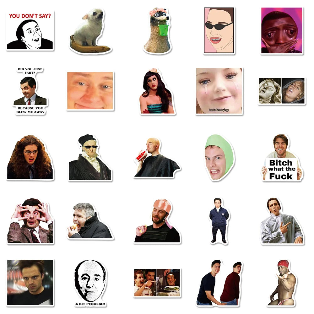 50PCS Spoof Character Expression Pack Sticker Smiling Face Computer Cartoon Cute Skateboard Refrigerator WaterCup