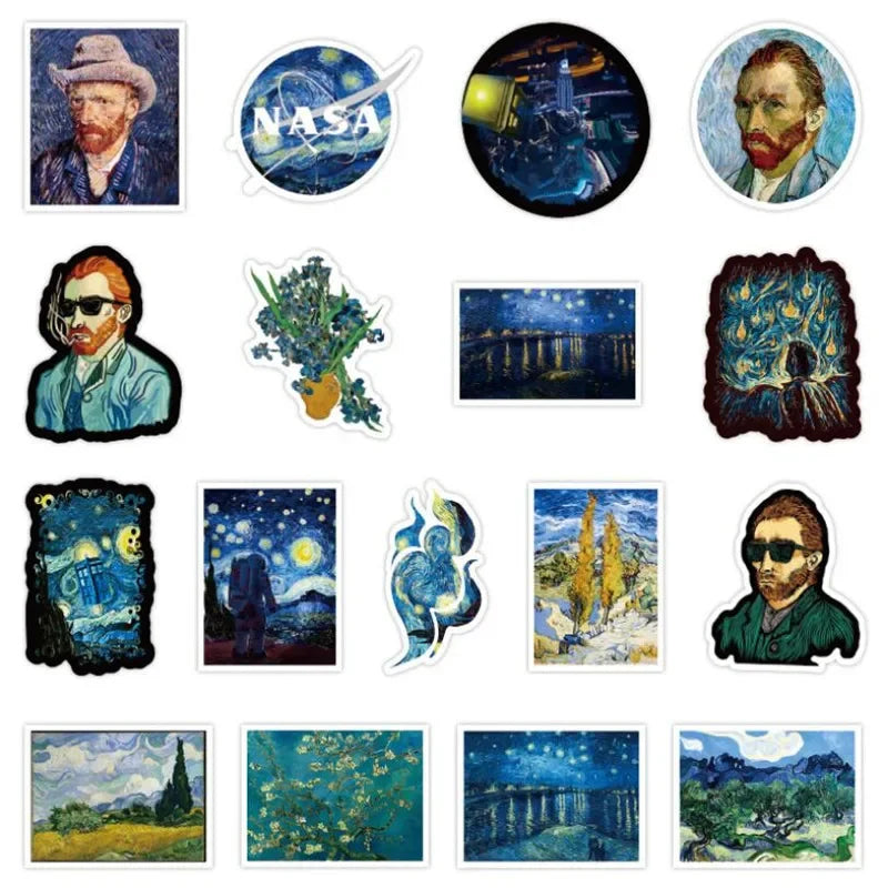 50PCS Cartoon Van Gogh Oil Painting Exhibition Diary Book Graffiti Luggage Laptop DIY Helmet Decoration Sticker