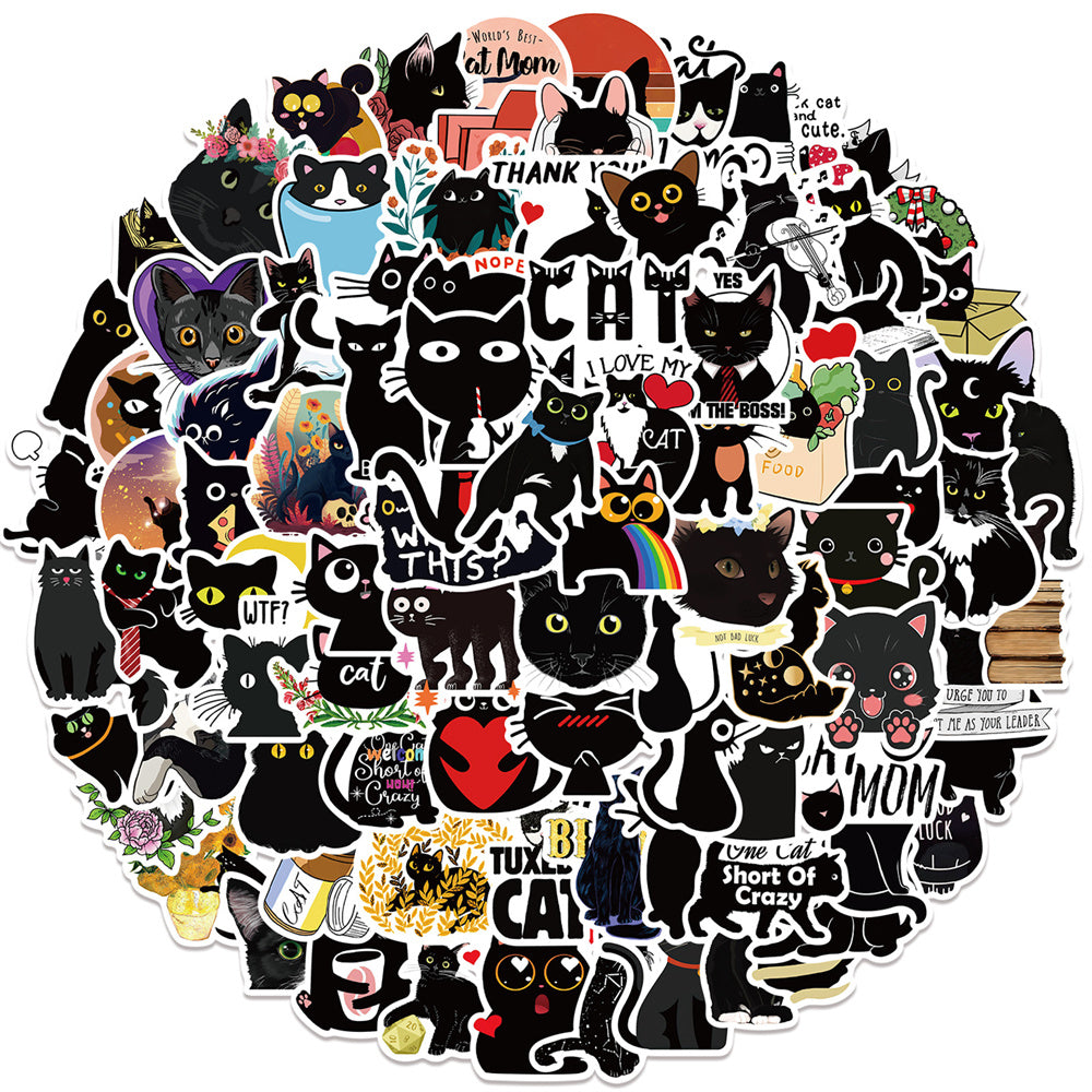 100PCS Cute Black Cat Cartoon Doodle Stickers Perfect for Refrigerators, Suitcases, Laptops, Skateboards, Water Bottles, Helmets, Stationery Boxes Exquisite DIY Desktop Decor Decals