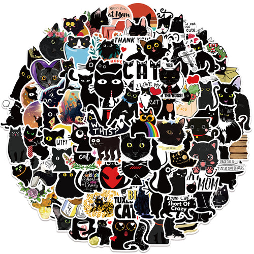 100PCS Cute Black Cat Cartoon Doodle Stickers Perfect for Refrigerators, Suitcases, Laptops, Skateboards, Water Bottles, Helmets, Stationery Boxes Exquisite DIY Desktop Decor Decals