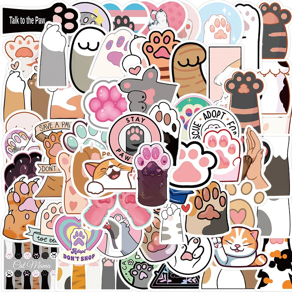 61PCS Cartoon Cute Cat Paw Graffiti Stickers Personalized Fashion Creative DIY Trend Decorative Stickers Laptop Refrigerator Skateboard Luggage Helmet Popular Exquisite Decals Toys