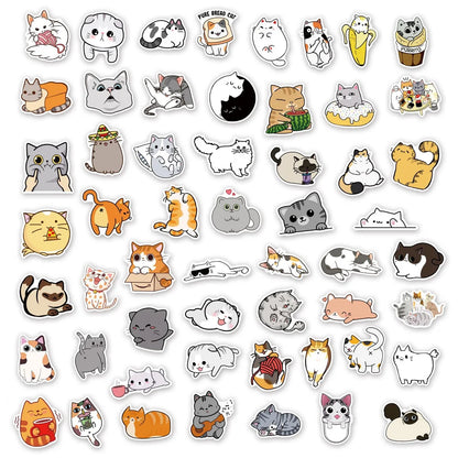50-Piece Cartoon Cute Cat Collection Doodle Stickers Perfect for Suitcases, Laptops, Journals, Skateboards, Water Bottles, Stationery Boxes, and Desktop Decor
