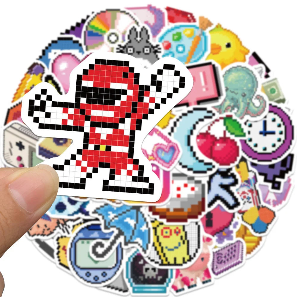 64PCS Mosaic pixel-style cartoon graffiti stickers, personalized fashion and creative trend DIY exquisite decorative stickers, refrigerator, skateboard, water cup, helmet, guitar, popular sticker toys