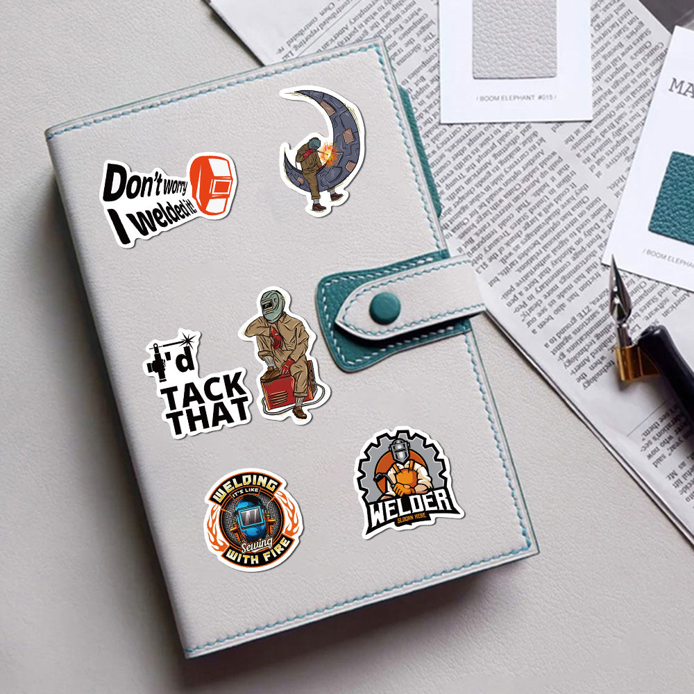50PCS Welding Doodle Stickers, Arc Welder & Spark Cartoon Decals for Makers, Metalworkers, and Toolbox Vibes