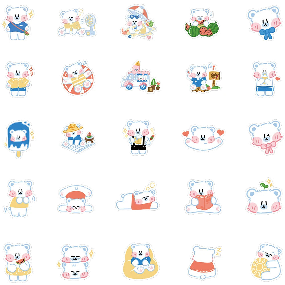 50PCS of cute cartoon white bear animal creative graffiti stickers, personalized and fashionable creative DIY exquisite decorative decals, bicycle, skateboard, car helmet, laptop, popular sticker toys