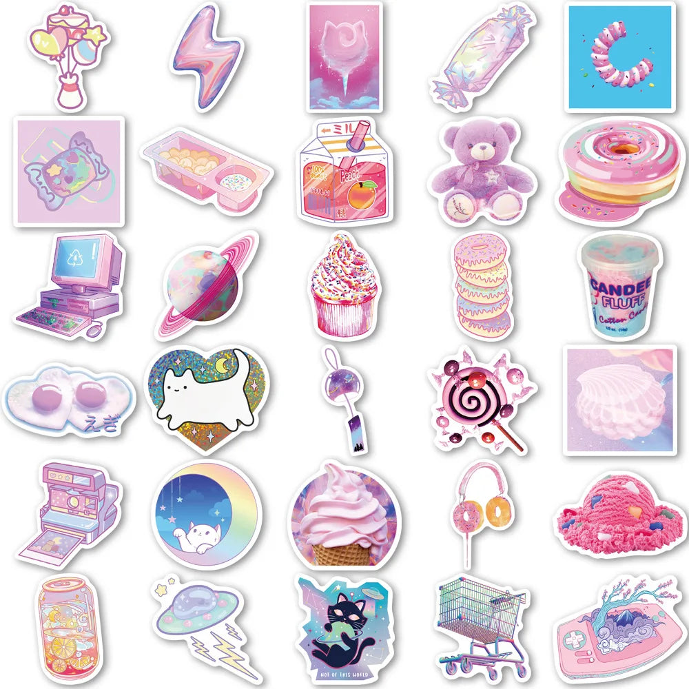 50PCS Laser Korean Cute Pink Purple Sticker Student Hand Account DIY Decorative Diary Suitcase Waterproof