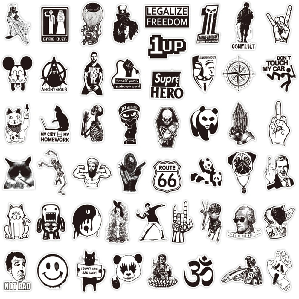 100 pieces of cartoon black and white cool punk graffiti stickers, personalized, fashionable and creative DIY beautiful and trendy decorative decal toys, skateboards, refrigerators, suitcases, laptops, popular stickers