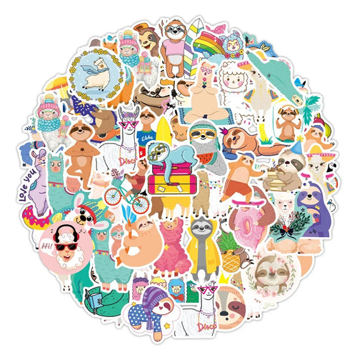 50PCS Adorable Cartoon Alpaca and Sloth Doodle Stickers for Suitcases, Laptops, DIY Fridge and Phone Cases, Diary Decorations