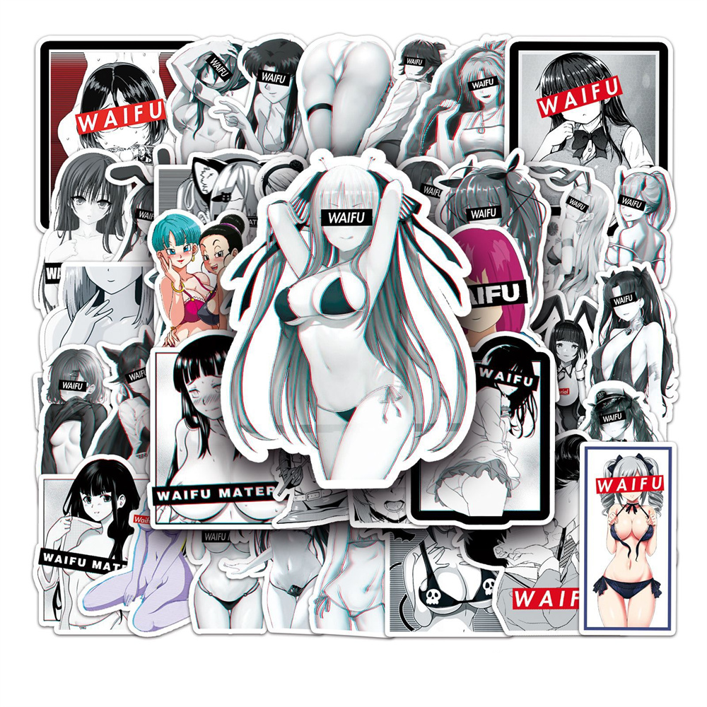 50PCS Cartoon Black & White Waifu Girl Doodle Stickers for Phone Cases, Skateboards, DIY, Waterproof Luggage, Reward Decals, Toys