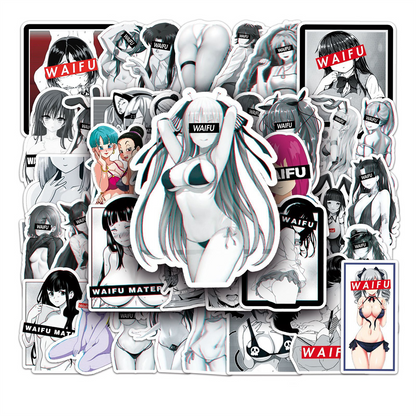 50PCS Cartoon Black & White Waifu Girl Doodle Stickers for Phone Cases, Skateboards, DIY, Waterproof Luggage, Reward Decals, Toys