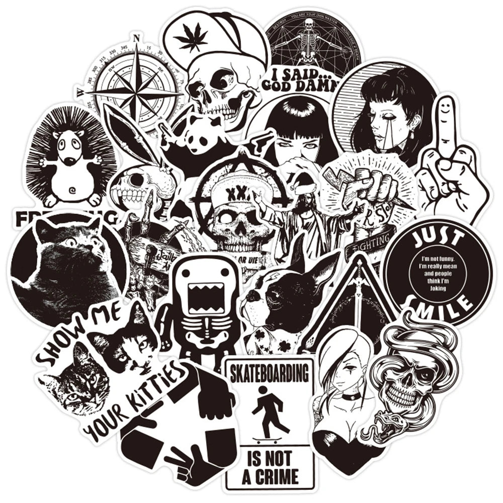 100 pieces of cartoon black and white cool punk graffiti stickers, personalized, fashionable and creative DIY beautiful and trendy decorative decal toys, skateboards, refrigerators, suitcases, laptops, popular stickers