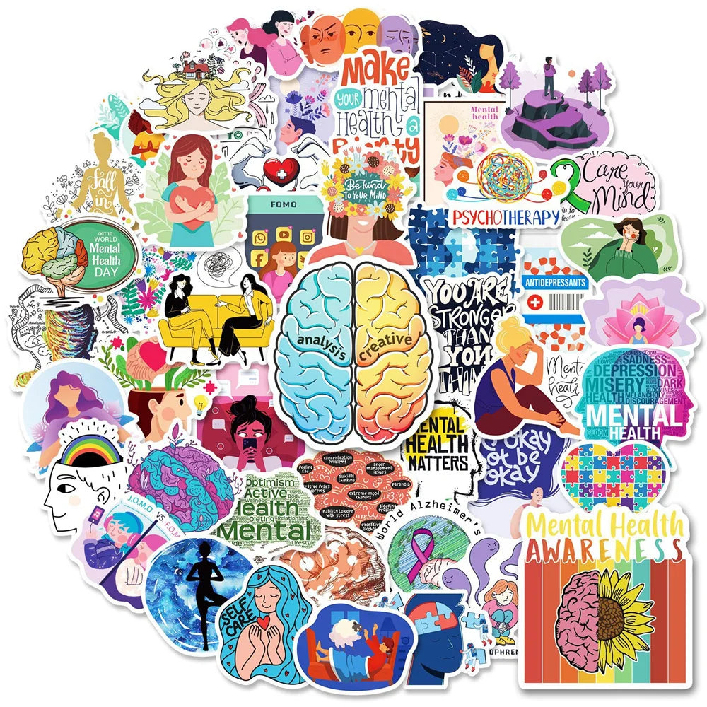 50PCS Cartoon Mental Health Graffiti Waterproof Stickers Personalized Creative Decoration Fashion CupGuitarHelmet