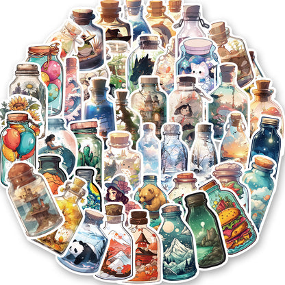 50PCS Cute Glass Jar Doodle Stickers, Cartoon Transparent Bottle Decals for Planners, Journals, and Aesthetic Decor