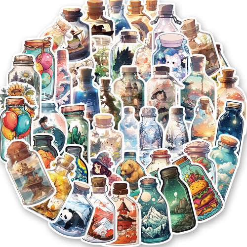50PCS Cute Glass Jar Doodle Stickers, Cartoon Transparent Bottle Decals for Planners, Journals, and Aesthetic Decor