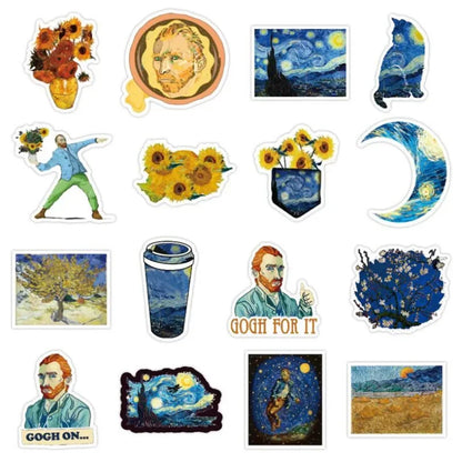 50PCS Cartoon Van Gogh Oil Painting Exhibition Diary Book Graffiti Luggage Laptop DIY Helmet Decoration Sticker