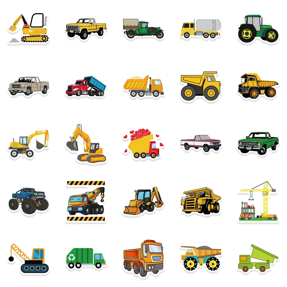 50PCS Construction Site Doodle Stickers, Cute Cartoon Truck & Vehicle Decals for Kids, Boys Room, and Imaginative Play