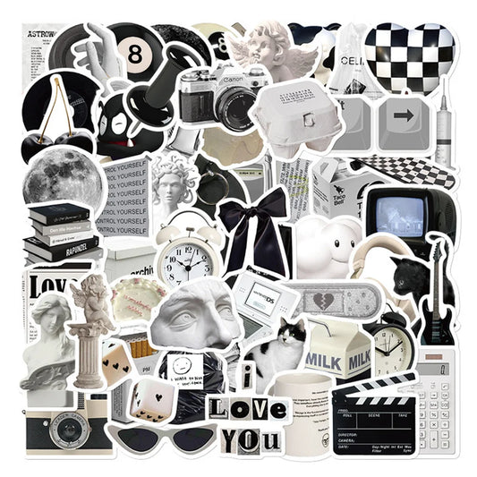 61PCS Cartoon Black and White Minimalist Style Graffiti Stickers Personalized DIY Creative Trend Decorative Decals Toys Skateboard Helmets Popular Fine Stickers