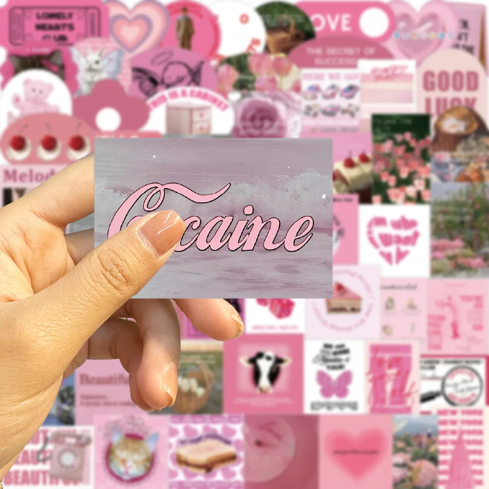 56PCS Cartoon INS Pink English Flowers Graffiti Stickers Personality Fashion Creative DIY Decorative Stickers Skateboard Helmet Guitar Fridge Popular Decals Toys
