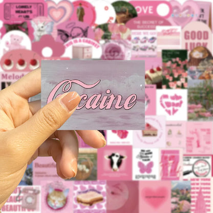 56PCS Cartoon INS Pink English Flowers Graffiti Stickers Personality Fashion Creative DIY Decorative Stickers Skateboard Helmet Guitar Fridge Popular Decals Toys