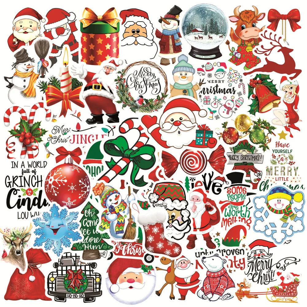 50 pieces of cartoon Christmas graffiti stickers, personalized, fashionable and creative decorated exquisite decal toys, refrigerators, skateboards, cups, helmets, guitars and popular stickers