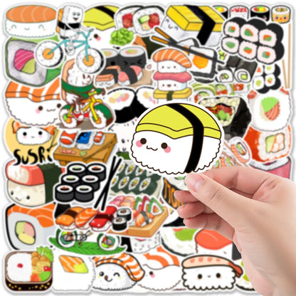 50PCS Cartoon Cute Sushi Food Doodle Stickers Personalized Fashion Creative DIY Exquisite Decorative Decals Toys For Skateboard Guitar Refrigerator Helmet Popular Stickers