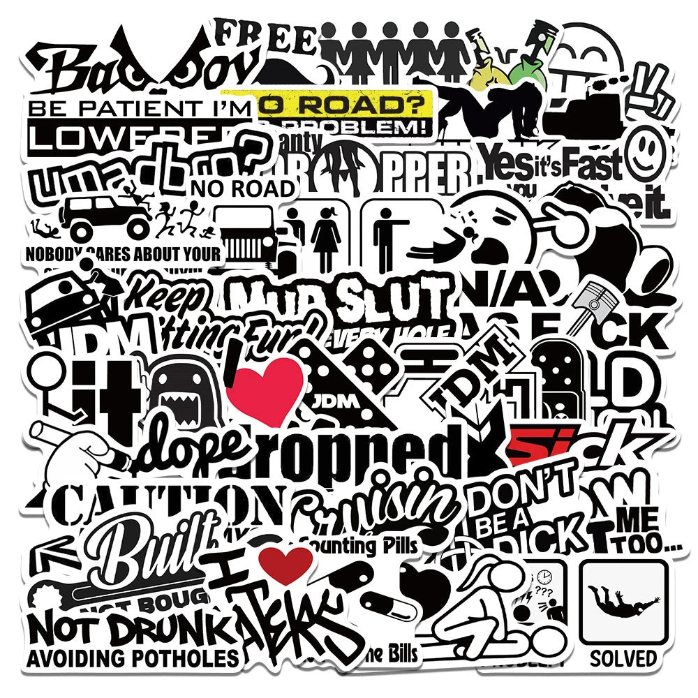50PCS Cartoon JDM Text Trend Creative Graffiti Sticker Bike Skateboard Car Helmet Laptop Computer