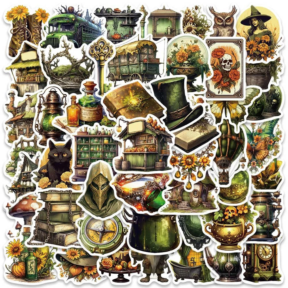 50PCS Jungle Magic Doodle Stickers, Vintage Cartoon Flora & Mystical Creature Decals for Adventurous Planners