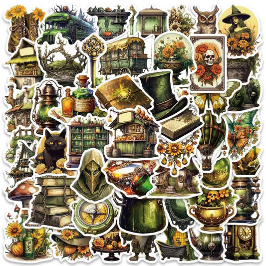 50PCS Jungle Magic Doodle Stickers, Vintage Cartoon Flora & Mystical Creature Decals for Adventurous Planners
