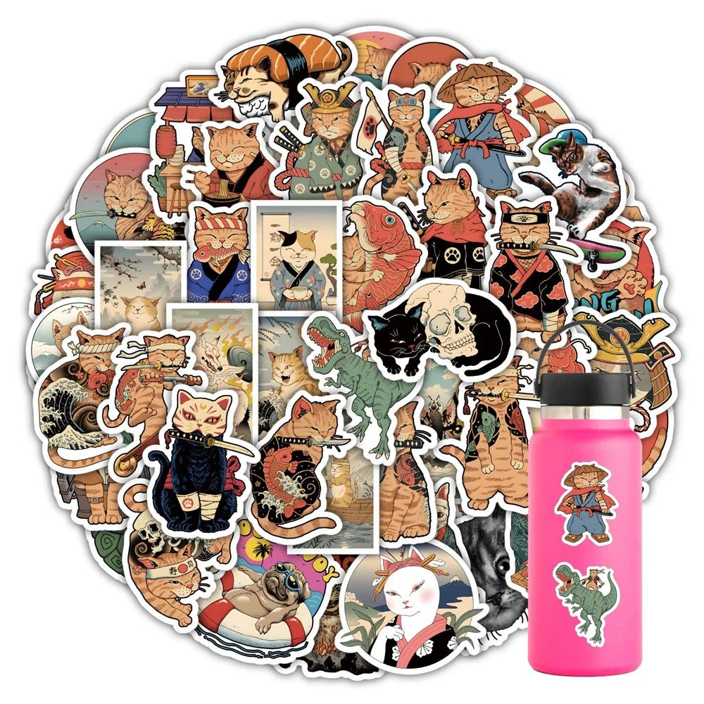 50 pieces of cartoon, anime, samurai cat graffiti stickers, personalized, fashionable and creative DIY decorative stickers, guitar, computer, skateboard, helmet, popular decal toys