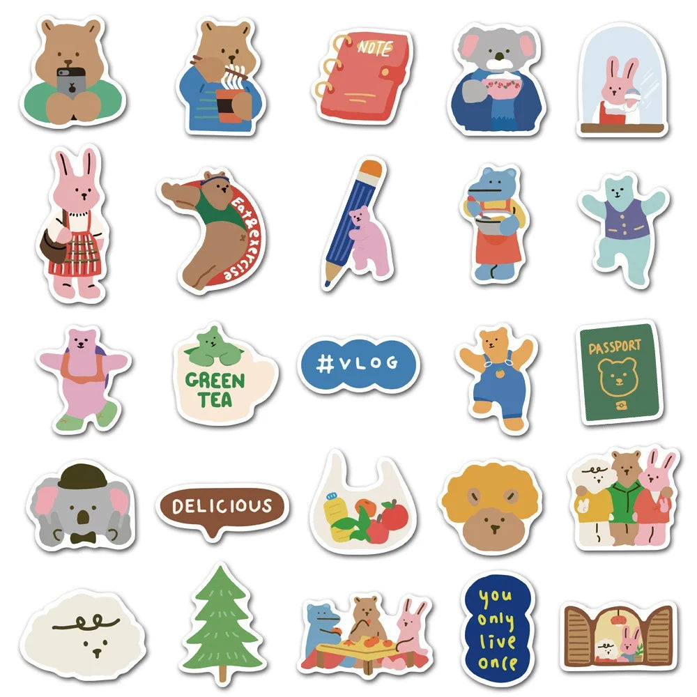 50PCS cartoon Kawa Bear-style graffiti stickers, personalized creative decorative stickers, suitable for refrigerator, skateboard, helmet, guitar, DIY decorative sticker toys