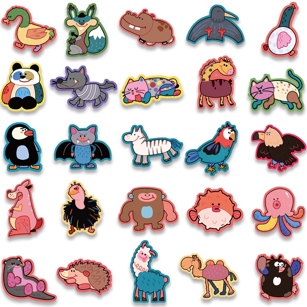 50PCS Cartoon Cute Animal Doodle Stickers Exquisite, Fashionable, Creative DIY Journal Decorations Suitable for Skateboards, Guitars, Laptops, Helmets, and Stationery Boxes
