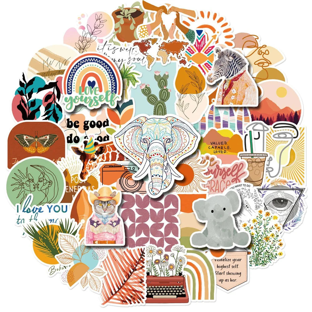 50 pieces of Bohemian-style, fresh and simple graffiti stickers featuring toys, luggage, laptops, iPads, skateboards, and more. These are waterproof stickers