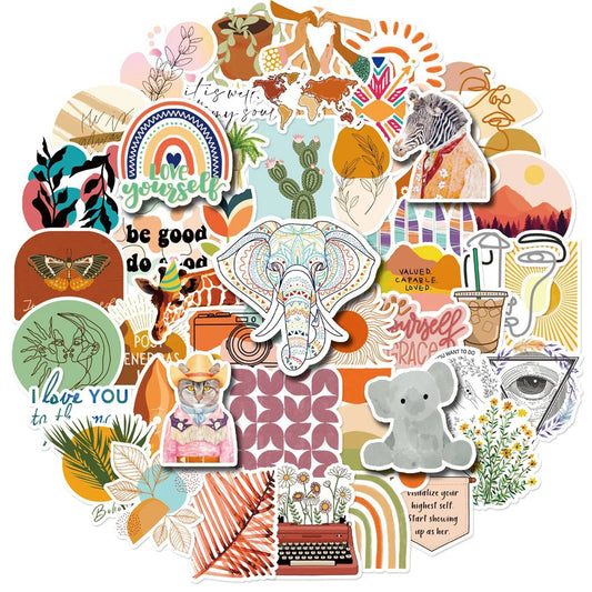 50 pieces of Bohemian-style, fresh and simple graffiti stickers featuring toys, luggage, laptops, iPads, skateboards, and more. These are waterproof stickers