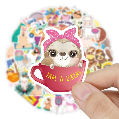 50PCS Adorable Cartoon Alpaca and Sloth Doodle Stickers for Suitcases, Laptops, DIY Fridge and Phone Cases, Diary Decorations