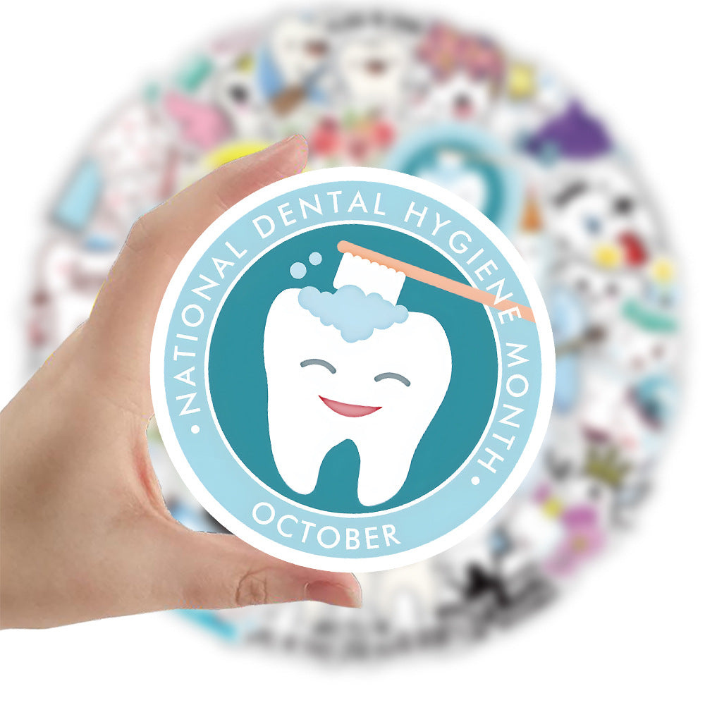 50PCS Dental Health Doodle Stickers, Cute Toothbrush & Cavity Fighter Cartoon Decals for Kids‘ Hygiene Education