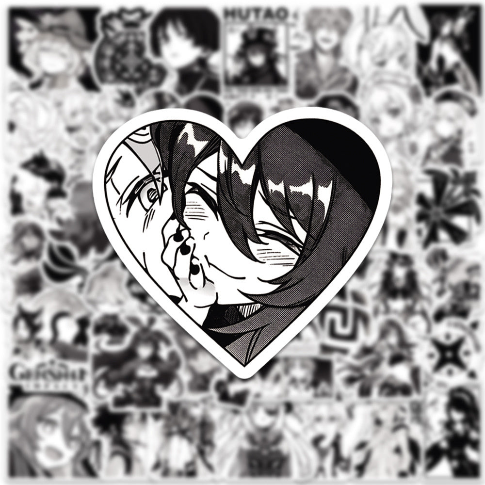 50PCS Cartoon Black & White Genshin Impact Game Doodle Stickers Anime Character Merchandise DIY Decorative Decals for Computer Desks, Guitars, Water Bottles, Skateboards, and Stationery Cases