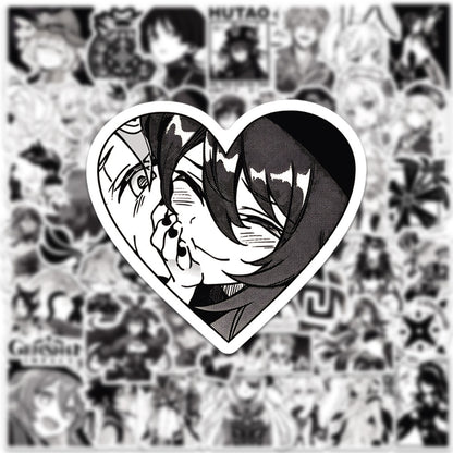 50PCS Cartoon Black & White Genshin Impact Game Doodle Stickers Anime Character Merchandise DIY Decorative Decals for Computer Desks, Guitars, Water Bottles, Skateboards, and Stationery Cases