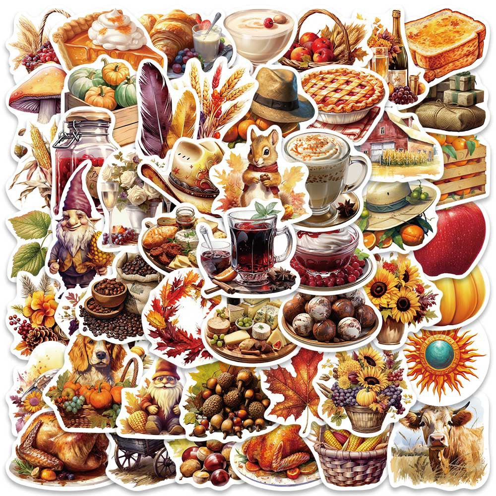 50PCS Thanksgiving Feast Stickers, Bountiful Harvest Food Cartoon Doodles for Holiday Tables and Family Celebrations
