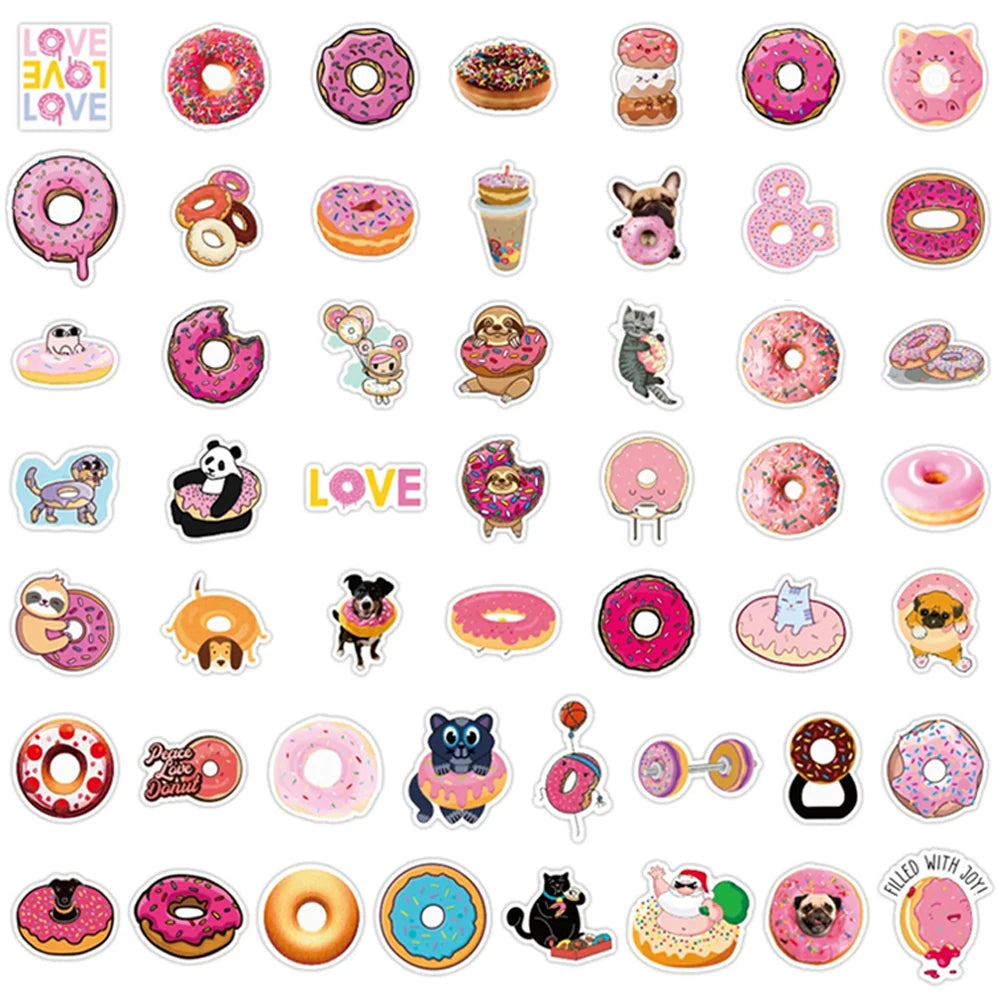 50PCS Cartoon Donut Food Cute Creative Doodle Sticker Bicycle Skateboard DIY Water Cup Car Guitar Laptop Computer