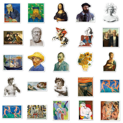 50 pieces of oil painting art Van Gogh Mona Lisa cartoon graffiti stickers, suitable for carry-on luggage, handbags, handbooks, phone cases, notebooks, decorative stickers and toys