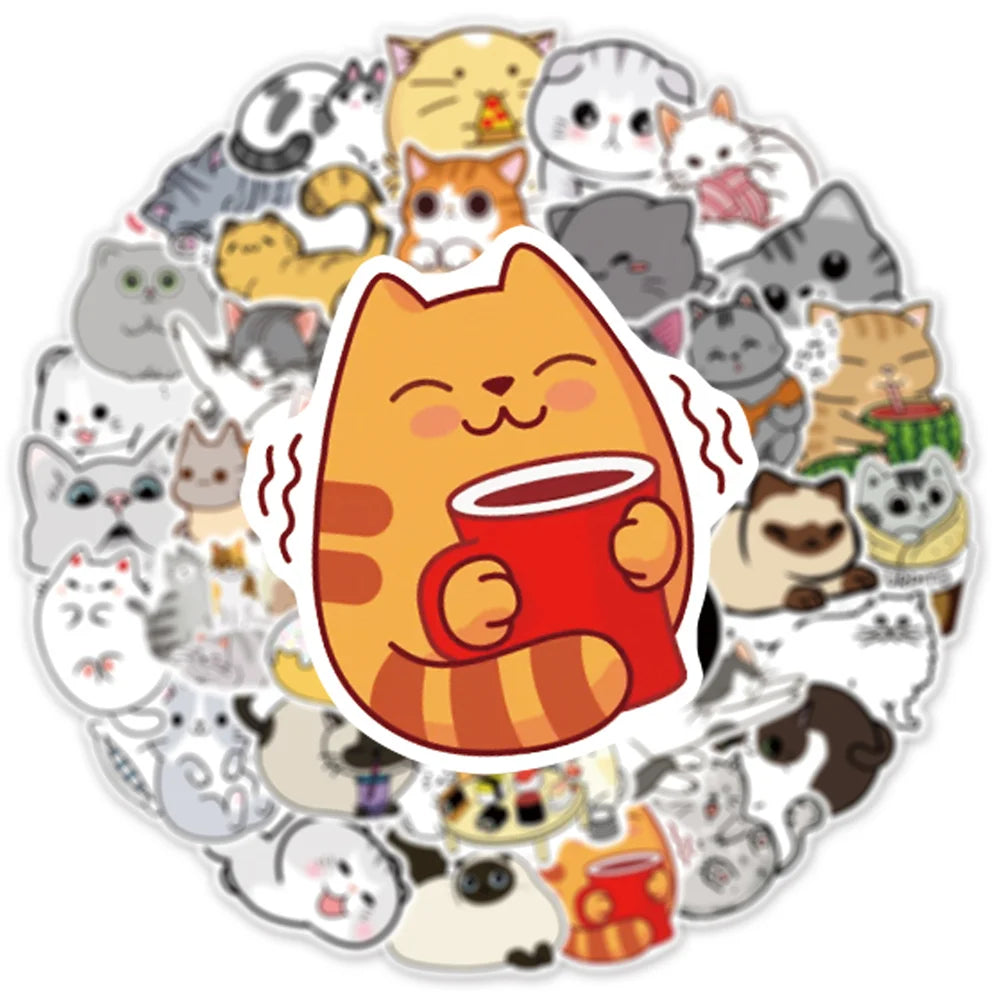 50-Piece Cartoon Cute Cat Collection Doodle Stickers Perfect for Suitcases, Laptops, Journals, Skateboards, Water Bottles, Stationery Boxes, and Desktop Decor