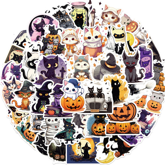 50PCS Halloween Cute Cat Doodle Stickers - Exquisite, Fashionable, Creative DIY Journal Decorations Suitable for Notebooks, Guitars, Helmets, Water Bottles, and Stationery Boxes